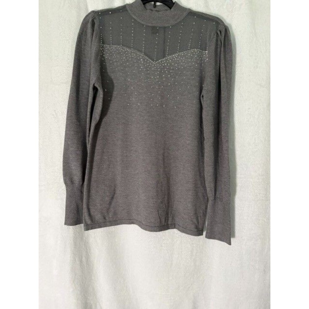 Women’s Large Gray Rhinestone Studded Mock Neck Sweater Puff Sleeve NWT